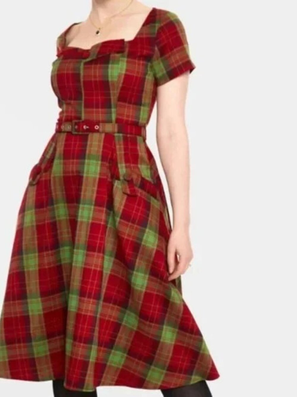 Voodoo Vixen Red & Green Tartan Belted Swing Dress Plus Size with pockets EUC